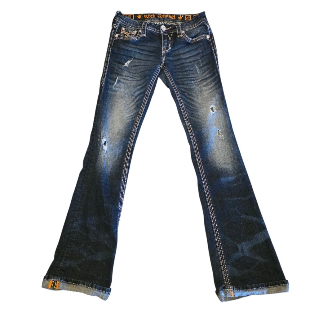 Rock Revival Drew Bootcut Jeans Women Size 25 Dark Wash Distressed Rhinestone - Picture 3 of 14
